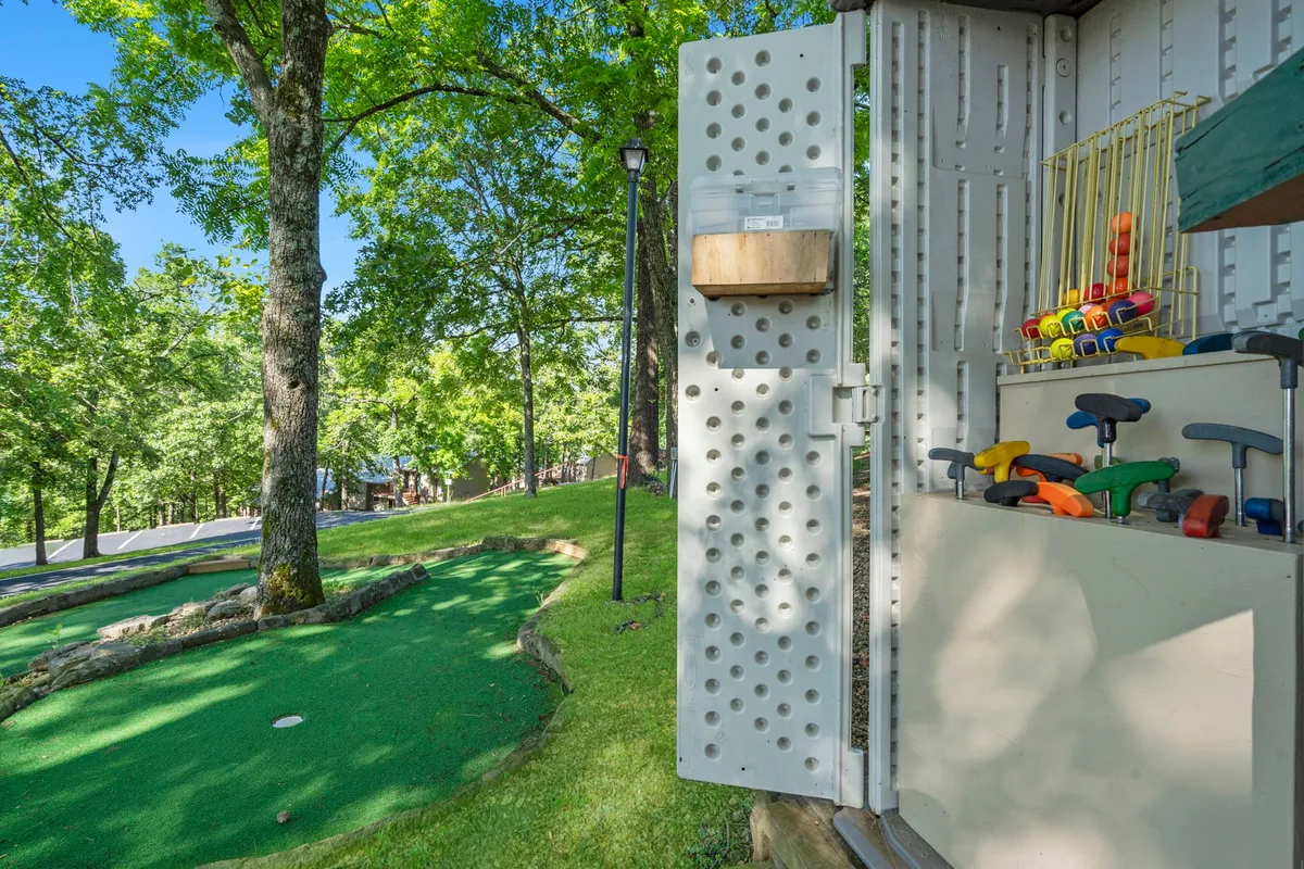 A playful, well-maintained mini-golf area set among trees and featuring a storage shed and accessible pathway. The surroundings invite both recreation and relaxation, with potential for nature walks or casual gatherings nearby.