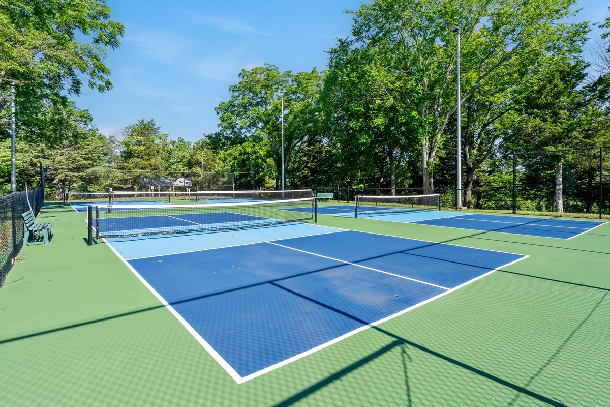 An active shot featuring tennis courts framed by green surroundings and protective netting. Players are engaged in friendly matches, while others socialize courtside. The sunny ambiance energizes the scene.